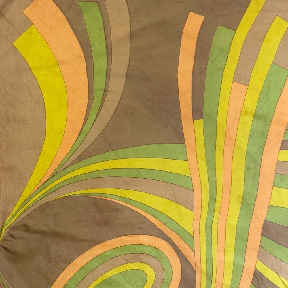 Vintage 70s Mid Century Geometric Swirl Square Scarf Women Brown Boho Chic Japan